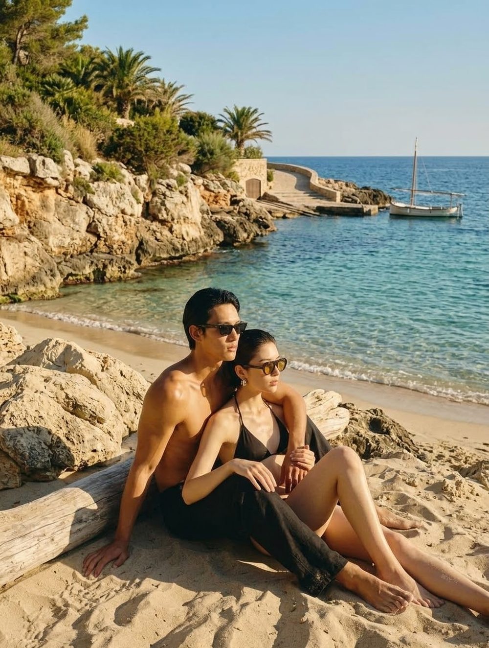 Casal sentado na areia de uma enseada, os dois usando óculos escuros, com o mar e um barco ao fundo